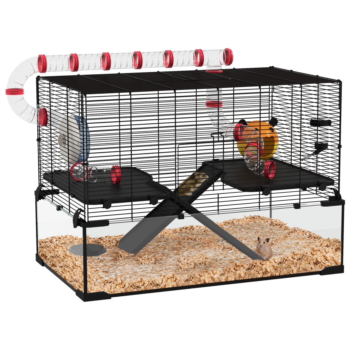 Pet cage with various accessories for small animals on a white background