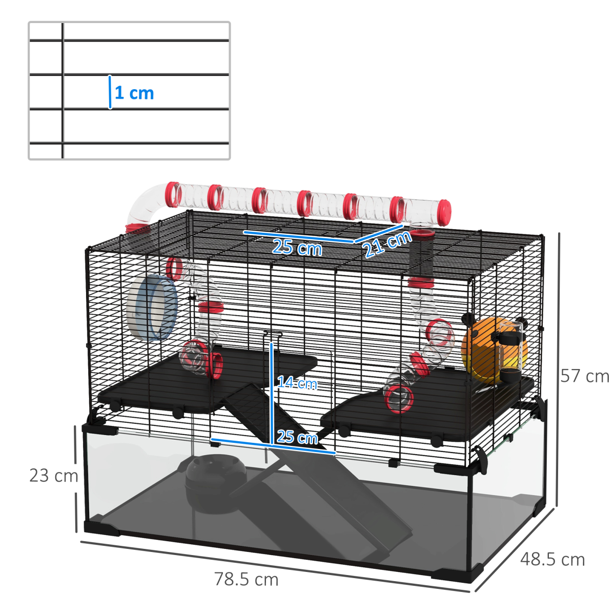 Pet cage with measurements on a white background