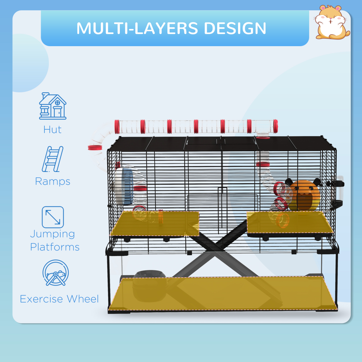 Pet cage with multi-layer design features on a blue background