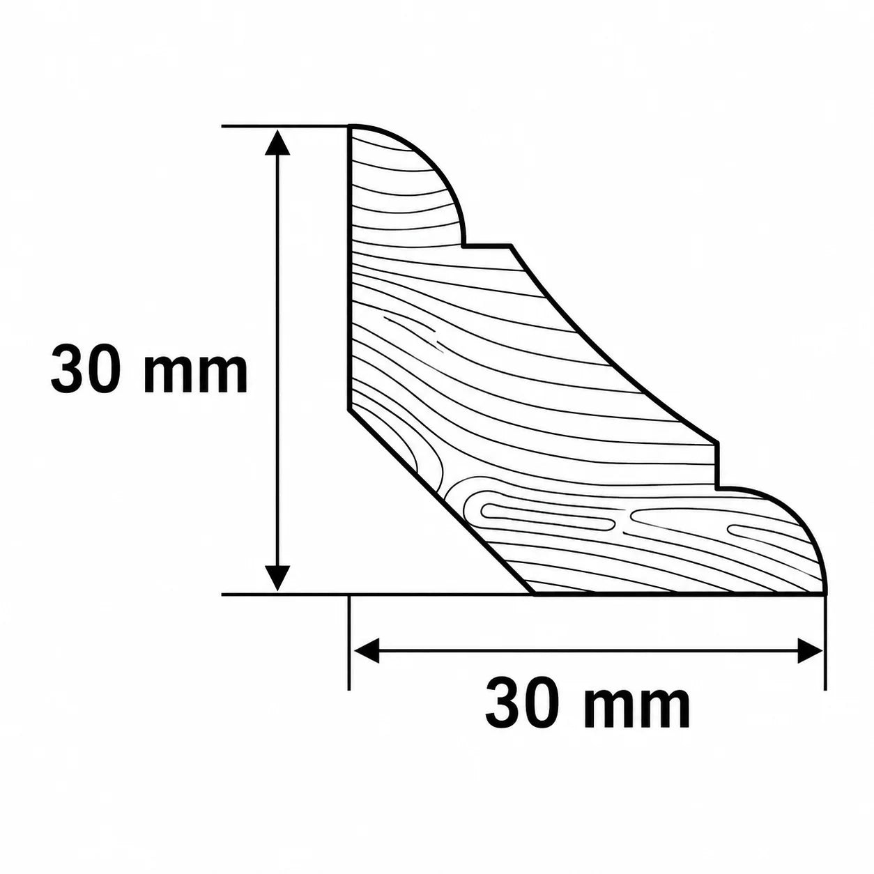 Pine Wood Scotia Beading, Grooved Trim Moulding Strip Milled Profile Diagram 30mm x 30mm
