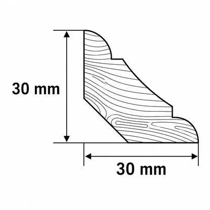 Pine Wood Scotia Beading, Grooved Trim Moulding Strip Milled Profile Diagram 30mm x 30mm