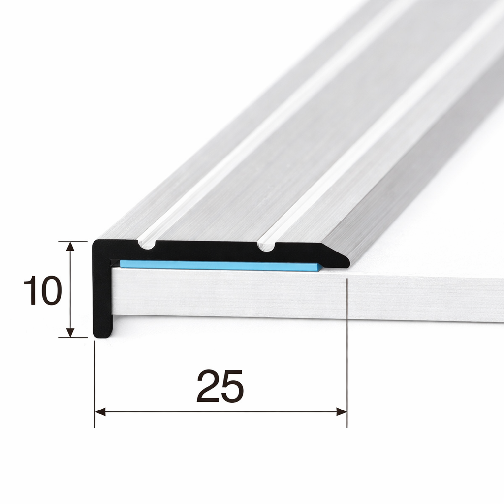 A31 25×10mm aluminium wood effect self-adhesive stair nosing installed on staircase step edge for protection