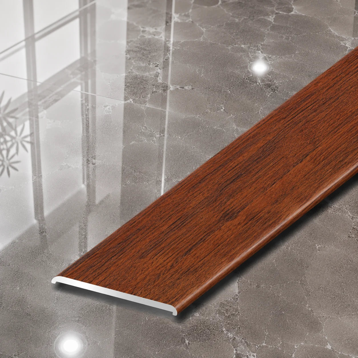 A08 35mm Aluminium Wood Effect Flat Self Adhesive Door Threshold Strip in Togo Mahogany Color