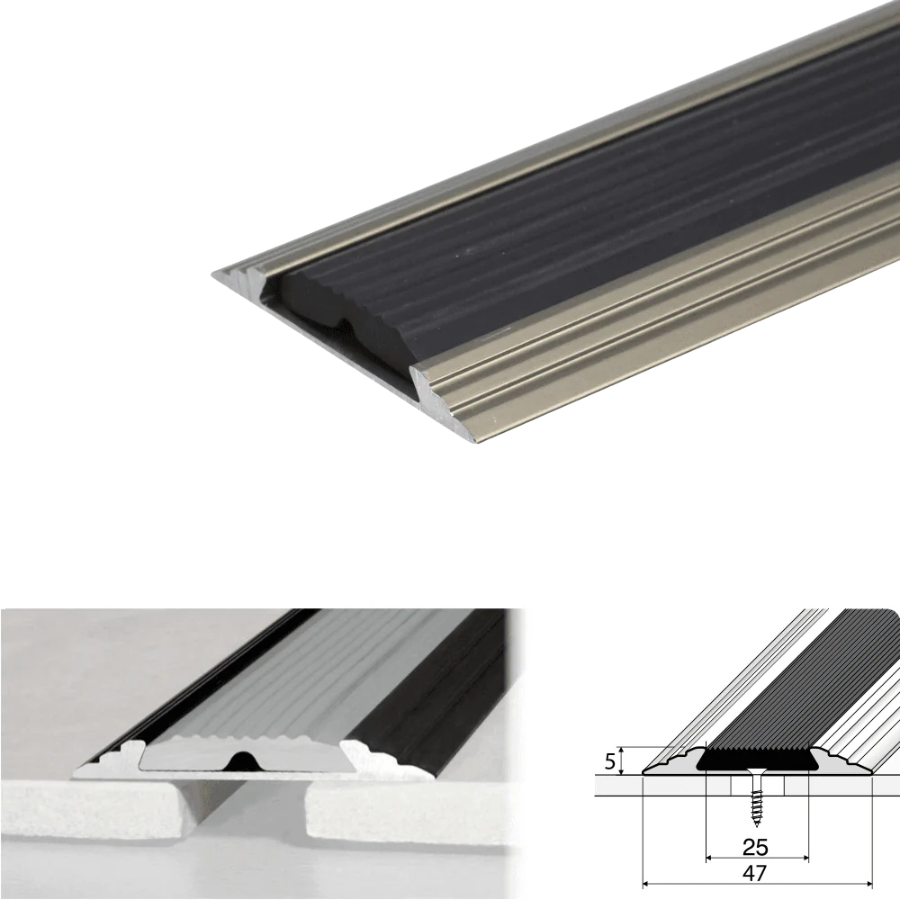 A10 50mm Heavy Duty Flat Anodised Aluminium Threshold Strip with Anti-Slip Rubber – For Floors & Stairs