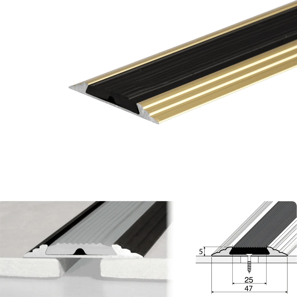 A10 50mm Heavy Duty Flat Anodised Aluminium Threshold Strip with Anti-Slip Rubber – For Floors & Stairs