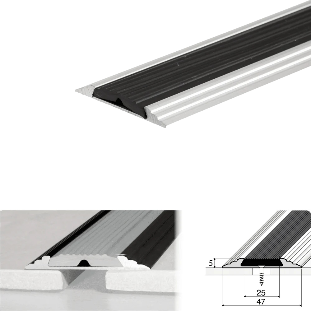 A10 50mm Heavy Duty Flat Anodised Aluminium Threshold Strip with Anti-Slip Rubber – For Floors & Stairs