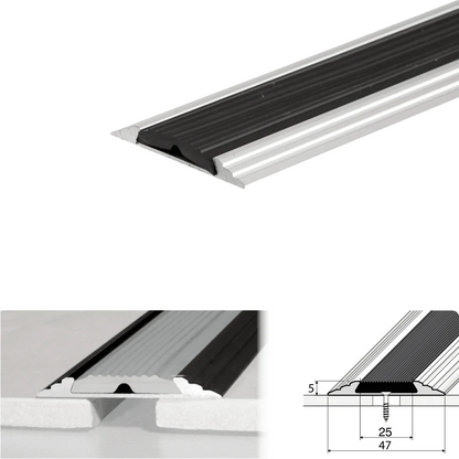 A10 50mm Heavy Duty Flat Anodised Aluminium Threshold Strip with Anti-Slip Rubber – For Floors & Stairs