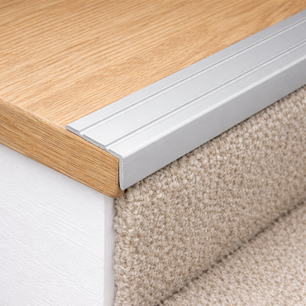 A31 stair nosing trim installed on residential staircase to prevent edge wear and slipping