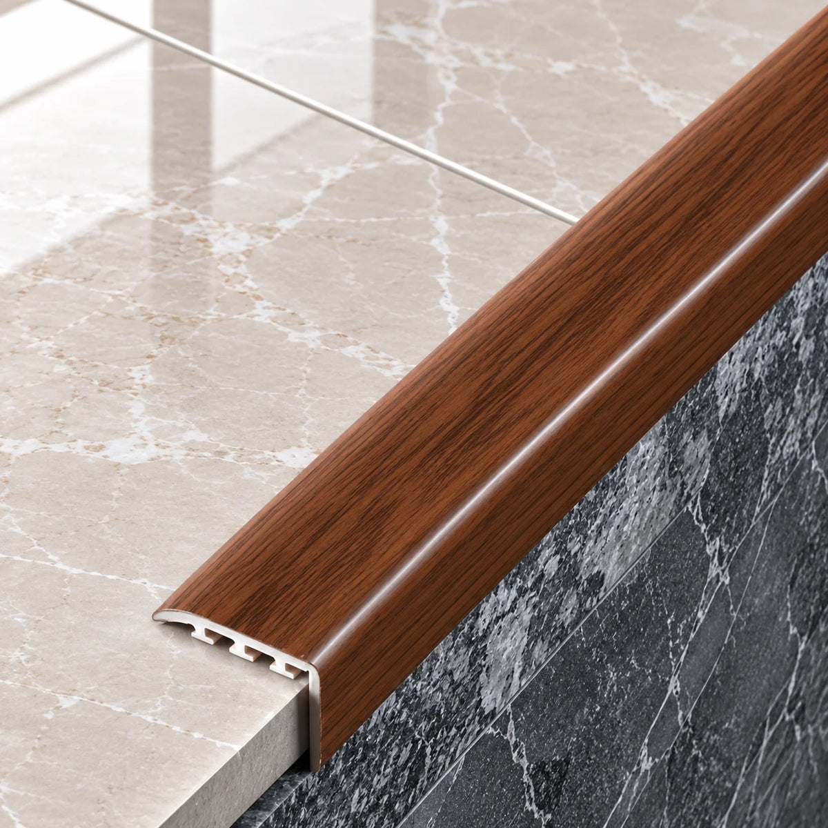 D-K0200 30x30mm Wood Effect PVC Stair Nosing Walnut 9E