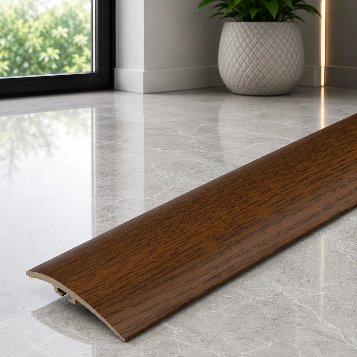 Wood effect PVC 30mm transition strip for doorways and interior floors.