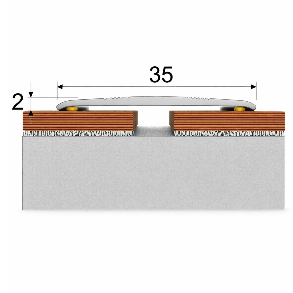 A08 35mm aluminium wood effect flat threshold strip in use for seamless floor transition