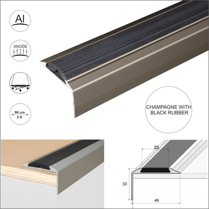 A38 46 x 30mm Anodised Aluminium Self Adhesive Non Slip Rubber Stair Nosing Edge Trim