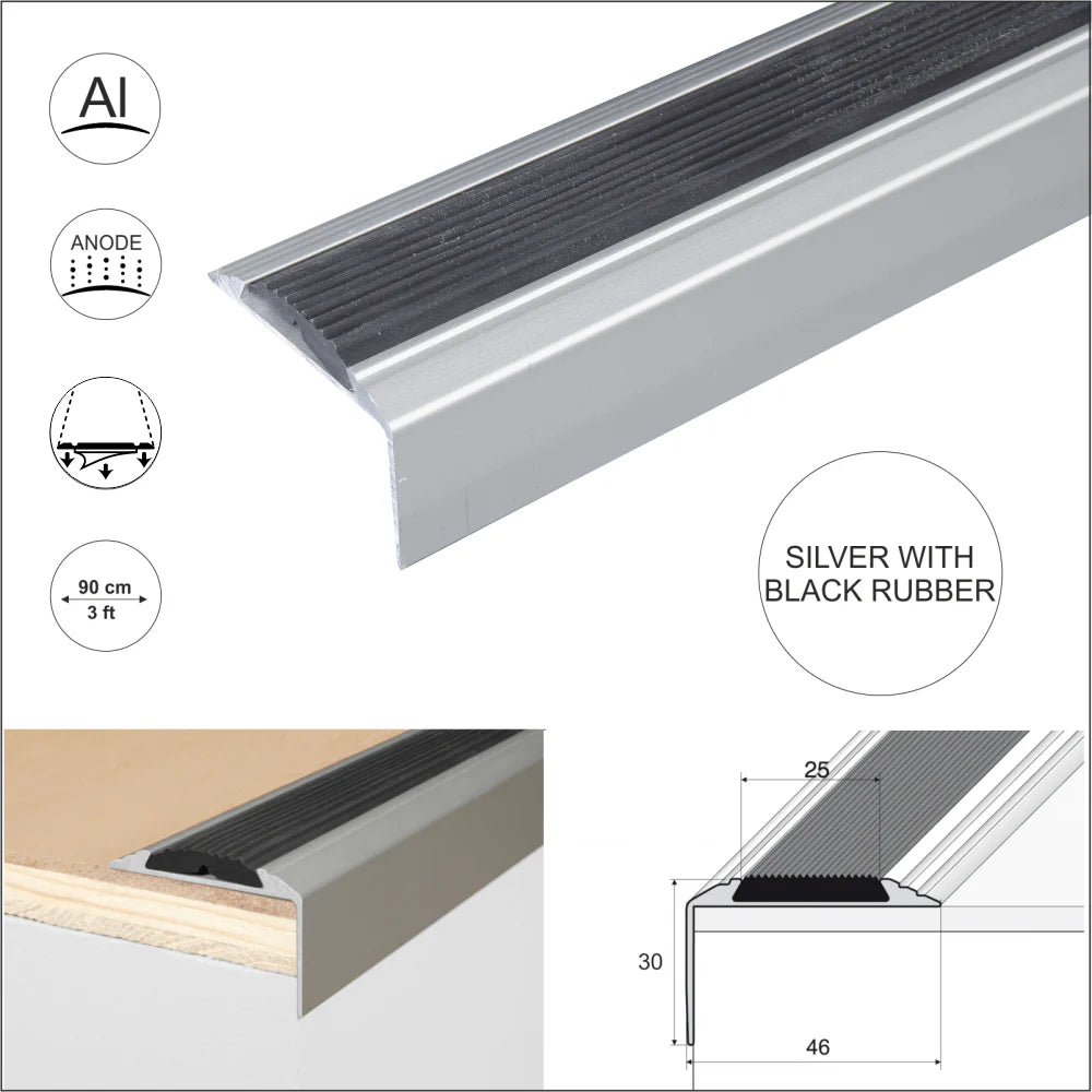 Anodised Aluminium Non Slip Stair Nosing With Black Rubber