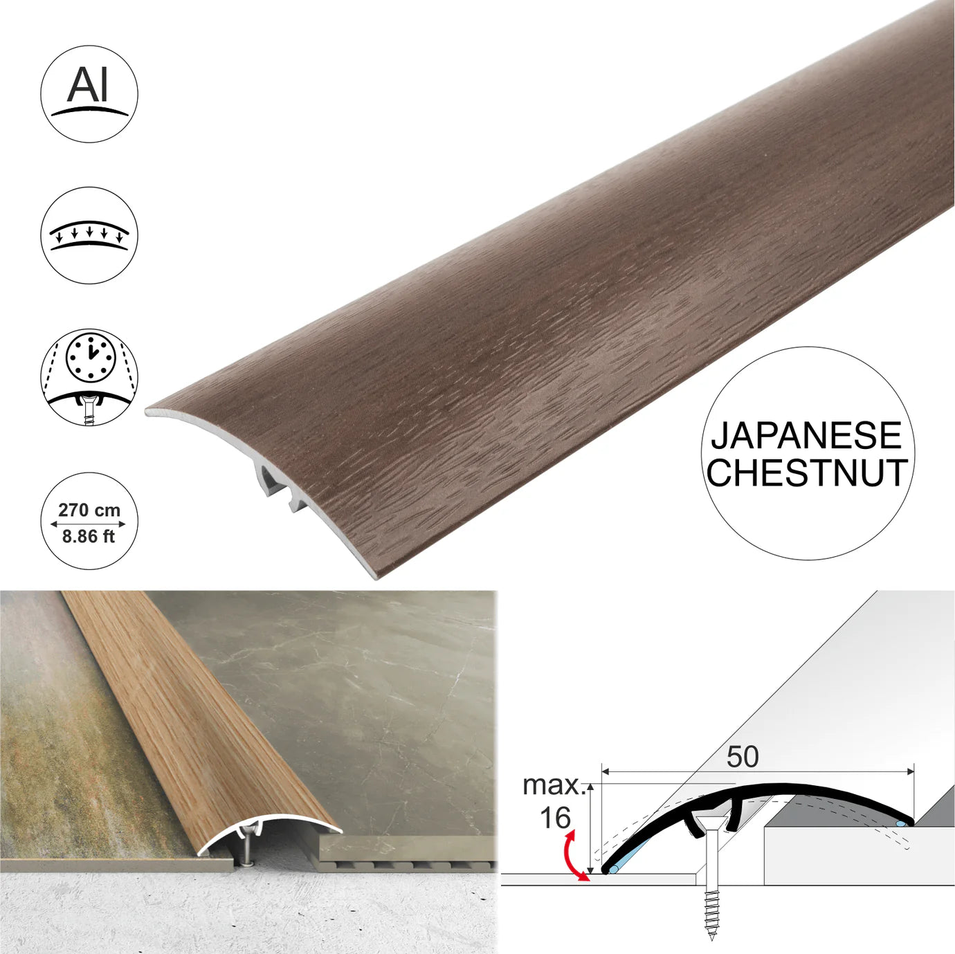 A65 50mm Heavy Duty Aluminium Wood Effect Door Threshold Strip – No Visible Screws