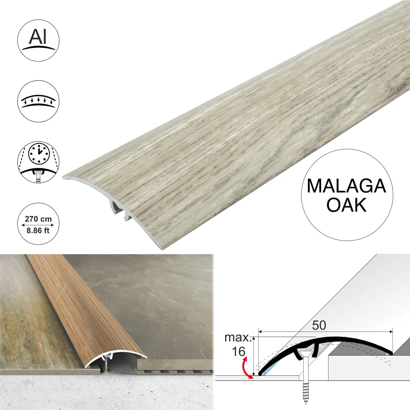 A65 50mm Heavy Duty Aluminium Wood Effect Door Threshold Strip – No Visible Screws