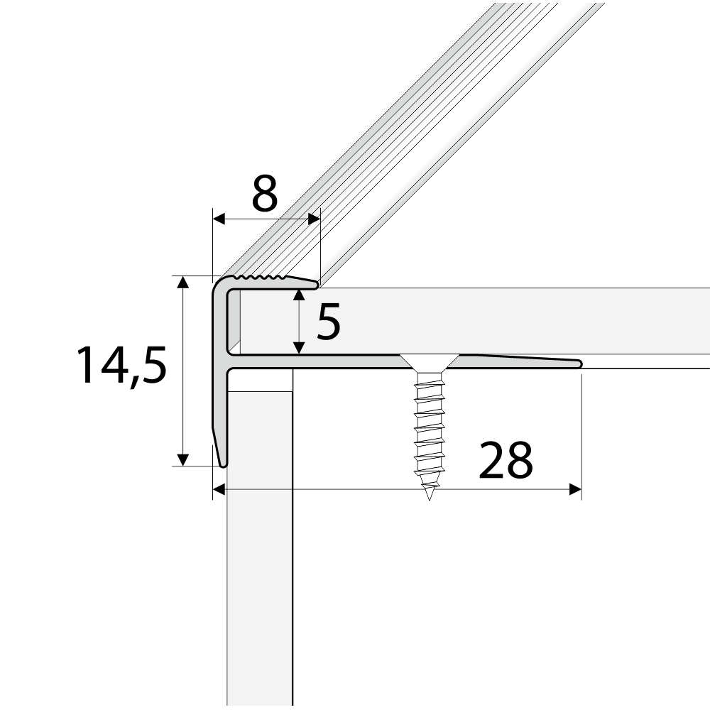 C24 28 x 14.5mm Anodised Aluminium LVT Stair nosing Edge Profile For 5mm Flooring