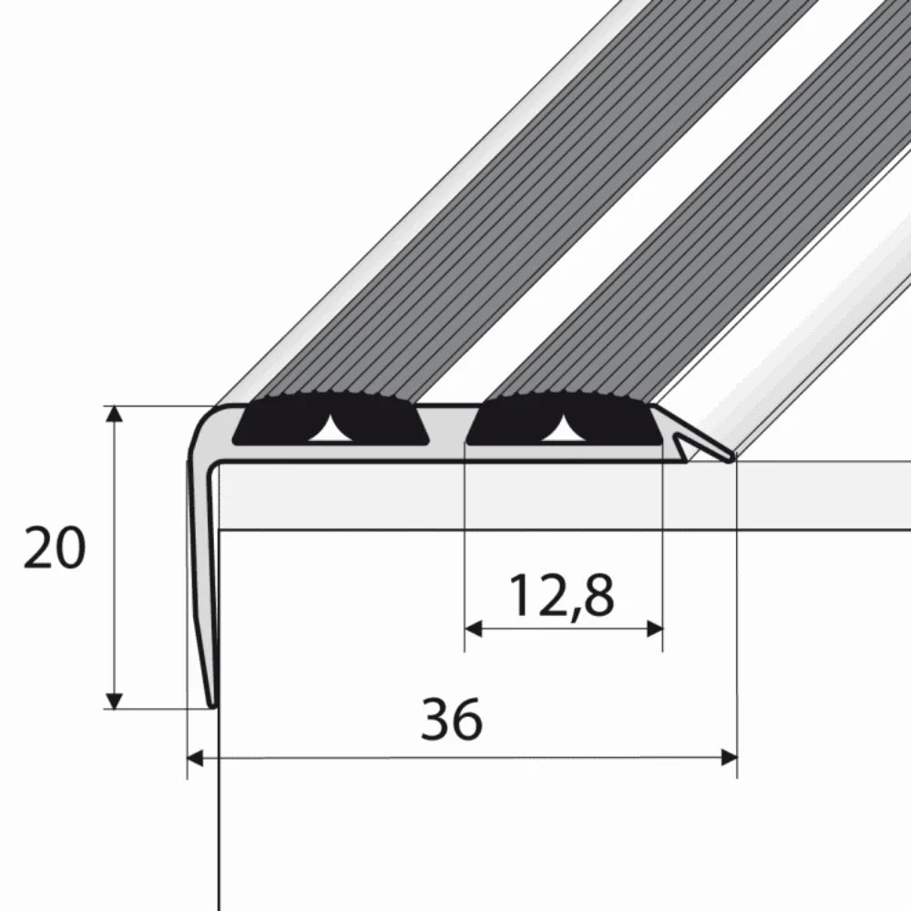 A37 36 x 20mm Anodised Aluminium Non Slip Rubber Stair Nosing Edge Trim With Inserts