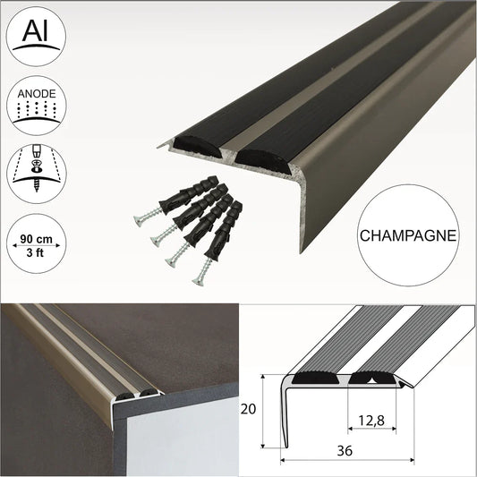 15 Pack Champagne A37 Stair Nosing UK – 0.9m Aluminium with Grip