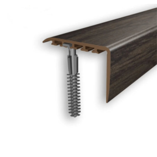 Wooden stair tread with metal bracket on a white background