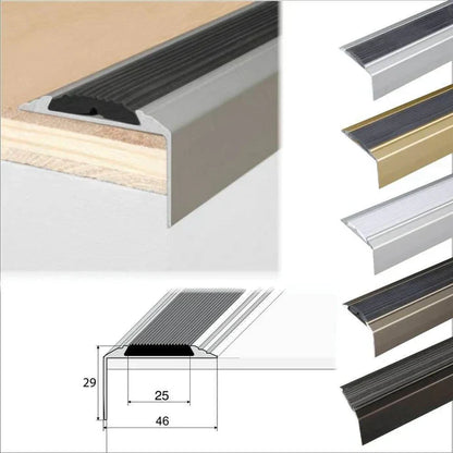 A38 46 x 30mm Anodised Aluminium Self Adhesive Non Slip Rubber Stair Nosing Edge Trim
