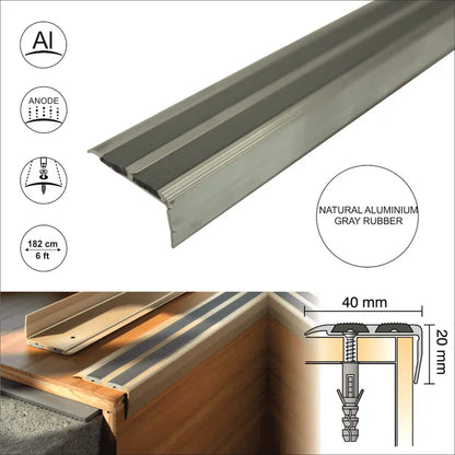 SA11 40 x 20mm Non Slip Rubber Aluminium Stair Nosing Edge Trim With Insert External Use